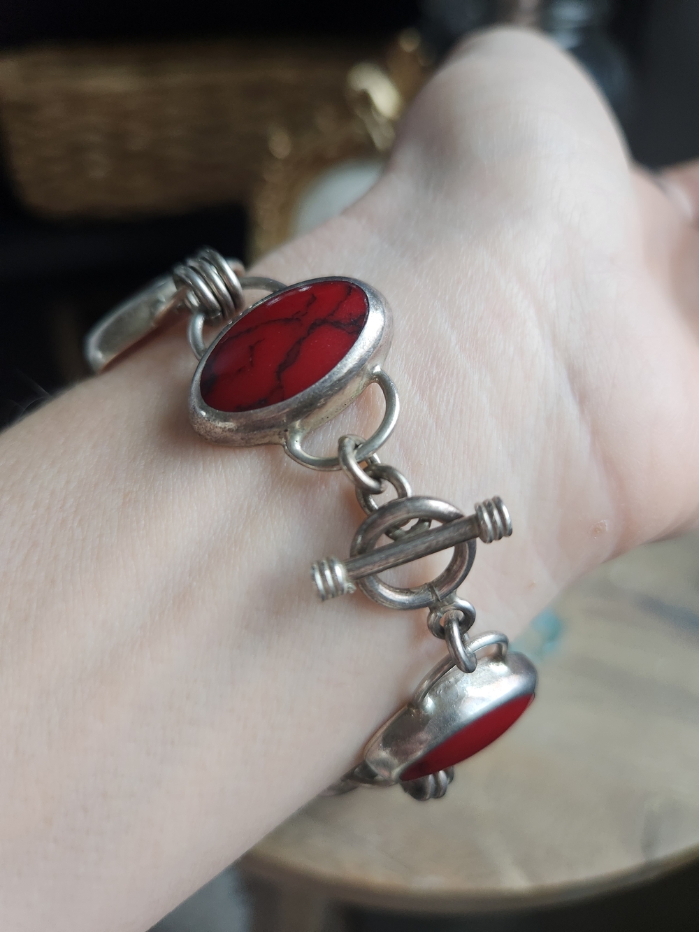 Vintage Red Jasper Sterling .925 Stamped Taxco, Mexico Link Bracelet - Women - Picture 7 of 10